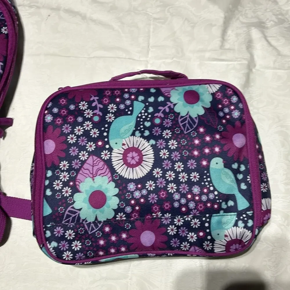 Gymboree bac pac lunch box combo set raspberry blue purple bird floral print NWT